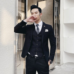  

2023 MEN SIMPLE STRIPE PATTERN SUIT YOUTH WEDDING CLOTHING LEISURE TERNO MASCULINO SUIT CLASSIC MALE SOCIAL THREE PIECE SUITS