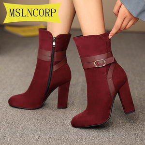 PLUS SIZE 34-43 WOMEN BOOTS WINTER CASUAL WOMEN PUMPS WARM ANKLE BOOTS WATERPROOF HIGH HEELS SNOW SHOES NUBUCK LEATHER BOTAS