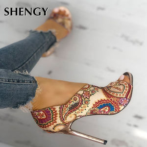 2023 WOMEN HIGH HEELS SANDALS WOMAN FASHION SUMMER  FEMALE PEEP TOE HIGH-HEELED SHOES OPEN TOE ETHNIC PRINT PARTY SANDALS