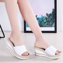 Load image into Gallery viewer, LEATHER SUMMER WOMEN SLIPPERS OPEN TOE FLIP FLOPS SANDALS WOMEN WEDGES SLIPPERS BLACK WHITE SLIDES SANDALS
