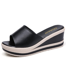 Load image into Gallery viewer, LEATHER SUMMER WOMEN SLIPPERS OPEN TOE FLIP FLOPS SANDALS WOMEN WEDGES SLIPPERS BLACK WHITE SLIDES SANDALS
