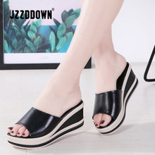 Load image into Gallery viewer, LEATHER SUMMER WOMEN SLIPPERS OPEN TOE FLIP FLOPS SANDALS WOMEN WEDGES SLIPPERS BLACK WHITE SLIDES SANDALS
