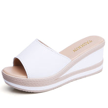 Load image into Gallery viewer, LEATHER SUMMER WOMEN SLIPPERS OPEN TOE FLIP FLOPS SANDALS WOMEN WEDGES SLIPPERS BLACK WHITE SLIDES SANDALS
