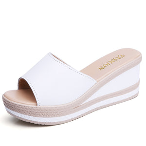 LEATHER SUMMER WOMEN SLIPPERS OPEN TOE FLIP FLOPS SANDALS WOMEN WEDGES SLIPPERS BLACK WHITE SLIDES SANDALS
