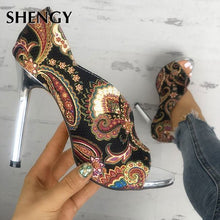 Load image into Gallery viewer, 2023 WOMEN HIGH HEELS SANDALS WOMAN FASHION SUMMER  FEMALE PEEP TOE HIGH-HEELED SHOES OPEN TOE ETHNIC PRINT PARTY SANDALS
