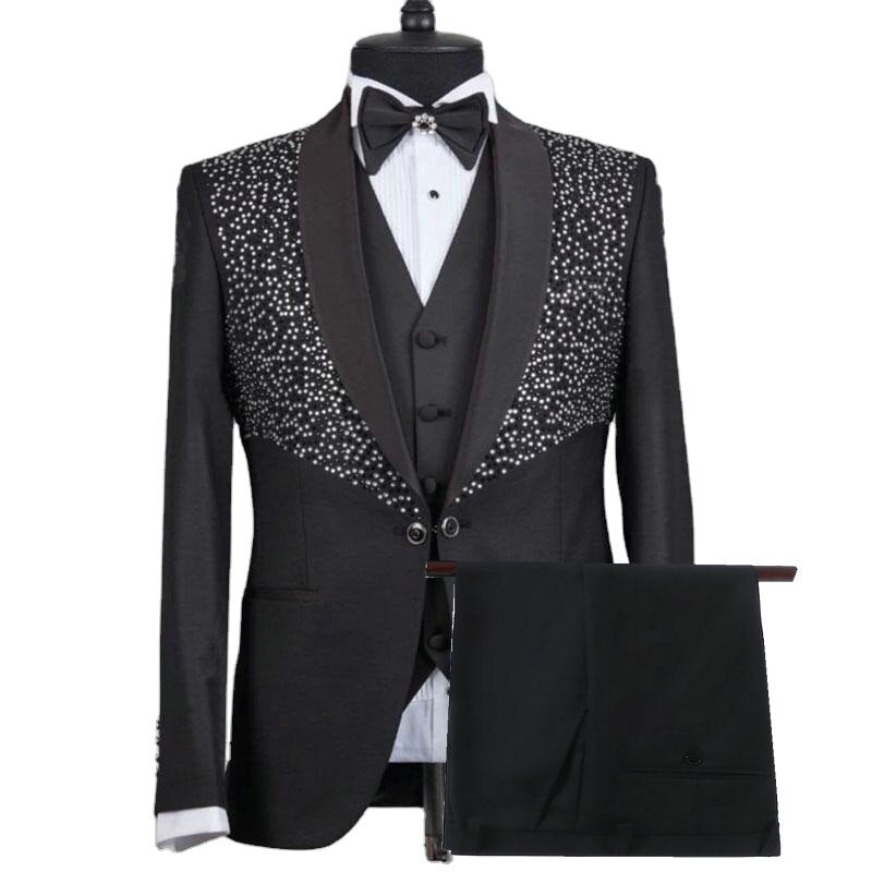 2023  HIGH QUALITY MEN SUITS BLACK CRYSTAL BEADINGS GROOM TUXEDO SLIM FIT FORMAL BUSINESS PARTY FOR WEDDING SUITS BEST MAN BLAZER