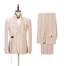 Load image into Gallery viewer, 2023 COSTUME HOMME FASHION WIDE STRIPE WEDDING MEN SUITS WITH BELT PARTY PROM SLIM FIT TUXEDO GROOM TERNO MASCULINO BLAZER 2 PCS
