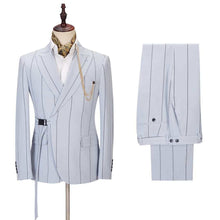 Load image into Gallery viewer, 2023 COSTUME HOMME FASHION WIDE STRIPE WEDDING MEN SUITS WITH BELT PARTY PROM SLIM FIT TUXEDO GROOM TERNO MASCULINO BLAZER 2 PCS
