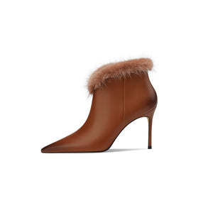 CARAMEL LEATHER WOMEN AUTUMN ANKLE BOOTS SEXY POINTED TOE THIN HIGH HEELS WINTER BOTAS FUR DECOR BLACK FORMAL DRESS ZAPATILLAS