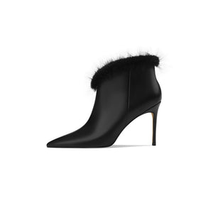 CARAMEL LEATHER WOMEN AUTUMN ANKLE BOOTS SEXY POINTED TOE THIN HIGH HEELS WINTER BOTAS FUR DECOR BLACK FORMAL DRESS ZAPATILLAS
