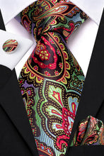 Load image into Gallery viewer, PAISLEY RED GREEN SILK WEDDING TIE FOR MEN HANDKY CUFFLINK GIFT MEN NECKTIE FASHION BUSINESS PARTY DROPSHIP HI-TIE DESIGNER
