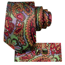 Load image into Gallery viewer, PAISLEY RED GREEN SILK WEDDING TIE FOR MEN HANDKY CUFFLINK GIFT MEN NECKTIE FASHION BUSINESS PARTY DROPSHIP HI-TIE DESIGNER
