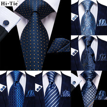 Load image into Gallery viewer, NAVY BLUE 63INCHES SILK MENS TIE SET EXTRA LONG TIES FOR MEN HANDKERCHIEF WOVEN CLASSIC MENS 160CM NECKTIE POCKET SQUARE HI-TIE
