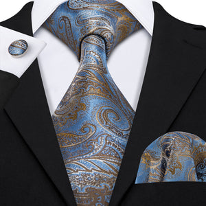 LUXURIOUS BLUE PAISLEY SUIT TIE 100% SILK MEN TIE FOR WEDDING BUSINESS BARRY.WANG NECKTIE HANDKERCHIEF MENS DRESS TIES LS-5057