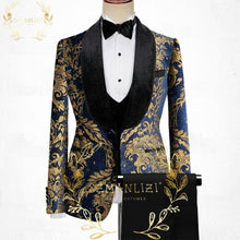 Load image into Gallery viewer, TERNO MASCULINO COMPLETO COSTUME HOMME MARIAGE 2022 LATEST FORMAL FLORAL JACQUARD 3 PIECES SET MEN SUIT GROOM WEDDING TUXEDO
