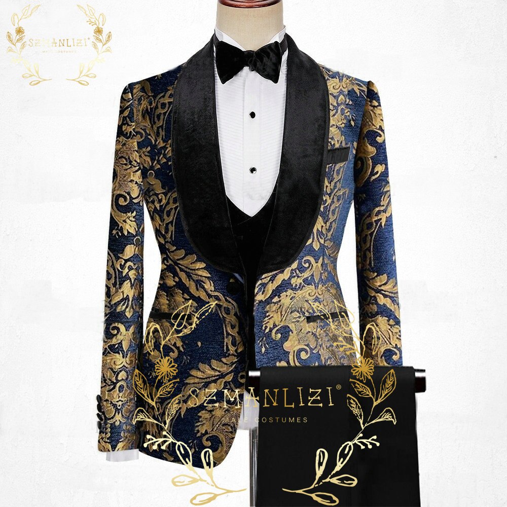 TERNO MASCULINO COMPLETO COSTUME HOMME MARIAGE 2022 LATEST FORMAL FLORAL JACQUARD 3 PIECES SET MEN SUIT GROOM WEDDING TUXEDO